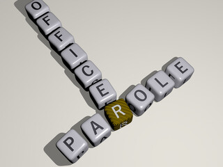 crosswords of parole officer arranged by cubic letters on a mirror floor, concept meaning and presentation. police and illustration