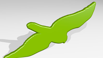 large bird flaying made by 3D illustration of a shiny metallic sculpture with the shadow on light background. blue and beautiful