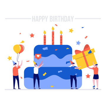 Happy birthday vector illustration concept with characters. Modern flat style for landing page, mobile app, poster, flyer, template, web banner, infographics, hero images