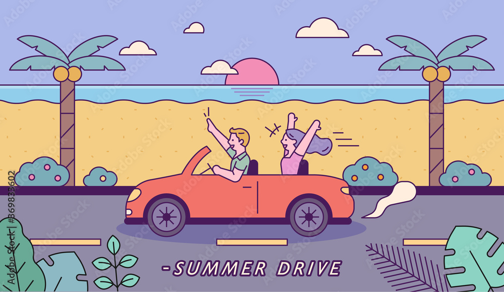 Wall mural couples driving summer beaches. flat design style minimal vector illustration.