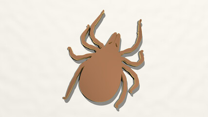 bug from a perspective on the wall. A thick sculpture made of metallic materials of 3D rendering. background and illustration