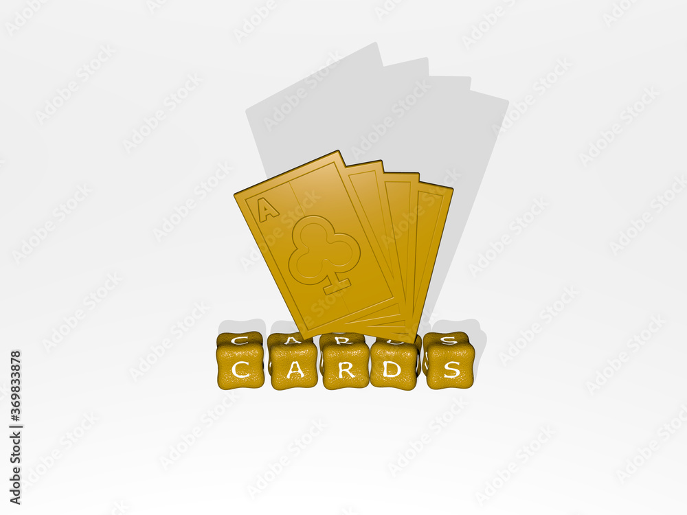 Poster 3D representation of cards with icon on the wall and text arranged by metallic cubic letters on a mirror floor for concept meaning and slideshow presentation. illustration and background