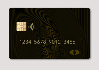 Here is a blank credit or debit card with room for your text. It is colorful with a geometric design and is isolated on a white background. It includes. an EMV chip, generic logo, numbers and NFC icon
