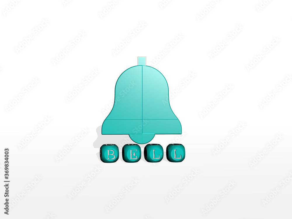 Poster 3D representation of bell with icon on the wall and text arranged by metallic cubic letters on a mirror floor for concept meaning and slideshow presentation. church and background