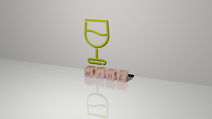 3D representation of wine with icon on the wall and text arranged by metallic cubic letters on a mirror floor for concept meaning and slideshow presentation. background and alcohol