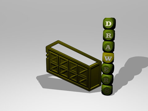 3D graphical image of DRAWERS vertically along with text built around the icon by metallic cubic letters from the top perspective. excellent for the concept presentation and slideshows. chest and
