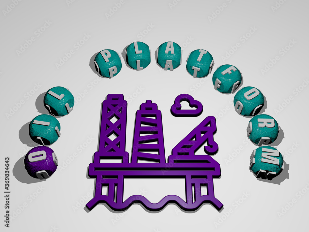 Poster 3d representation of oil platform with icon on the wall and text arranged by metallic cubic letters 