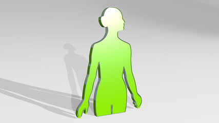 WOMAN BODY on the wall. 3D illustration of metallic sculpture over a white background with mild texture. beautiful and young