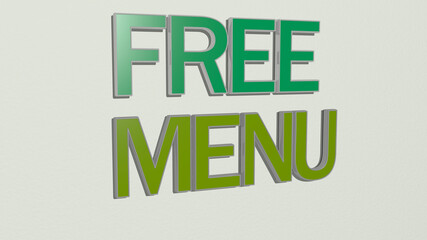 3D graphical image of FREE MENU vertically along with text built by metallic cubic letters from the top perspective, excellent for the concept presentation and slideshows. illustration and background