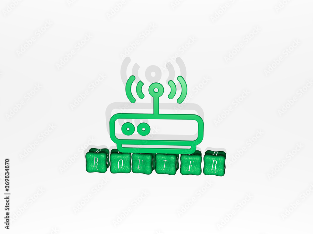 Fototapete 3d graphical image of router vertically along with text built by metallic cubic letters from the top