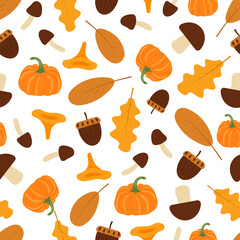 Autumn leaves, mushrooms, nuts and pumpkins. Seamless pattern. Flat vector illustration isolated on white background.
