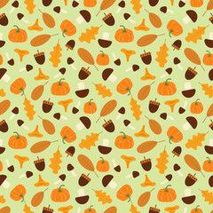 Autumn leaves, mushrooms, nuts and pumpkins. Seamless pattern. Flat vector illustration isolated on green background.