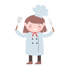 chef girl with fork and spatula cartoon character isolated icon design