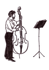 musician with double bass and music stand, graphic black and white drawing