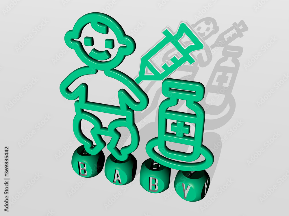 Poster 3d graphical image of baby vertically along with text built by metallic cubic letters from the top p