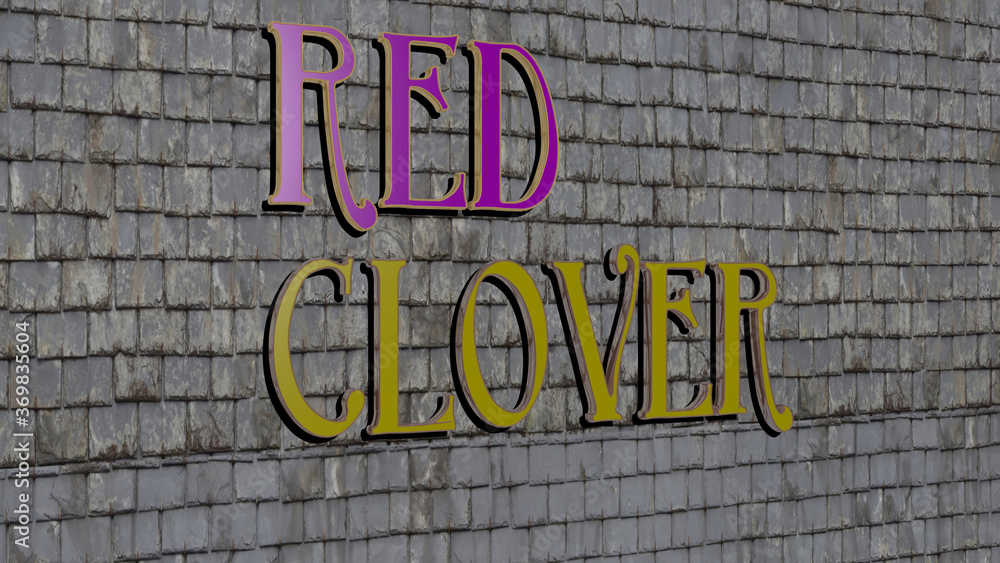 Poster 3d representation of red clover with icon on the wall and text arranged by metallic cubic letters on