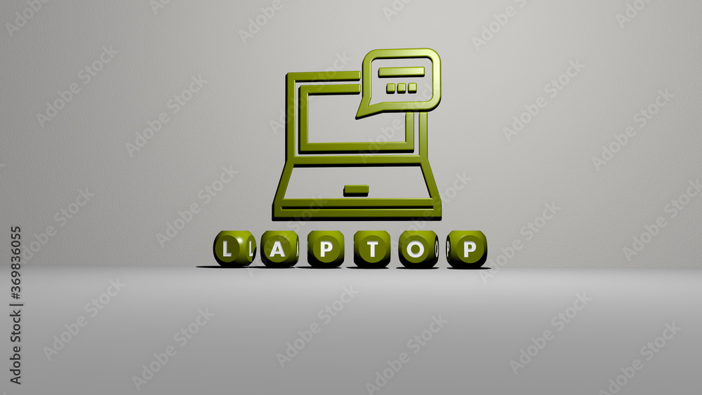 Poster 3d representation of laptop with icon on the wall and text arranged by metallic cubic letters on a m