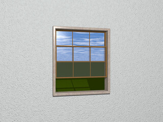 Fototapeta premium 3D illustration of sash window opened to green lawn and cloudy blue sky from mint cream wall. stone and wood materials. background and fresh