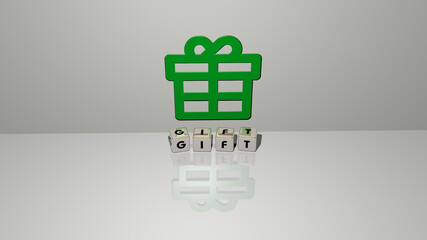 3D representation of GIFT with icon on the wall and text arranged by metallic cubic letters on a mirror floor for concept meaning and slideshow presentation. background and illustration