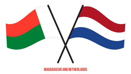 Madagascar and Netherlands Flags Crossed And Waving Flat Style. Official Proportion. Correct Colors.