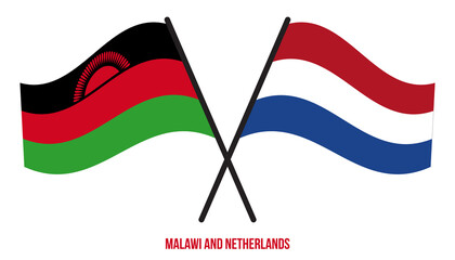Malawi and Netherlands Flags Crossed And Waving Flat Style. Official Proportion. Correct Colors.