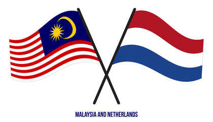 Malaysia and Netherlands Flags Crossed And Waving Flat Style. Official Proportion. Correct Colors.