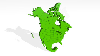 map of North America stand with shadow. 3D illustration of metallic sculpture over a white background with mild texture. abstract and concept