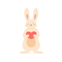 Adorable rabbit standing holding big heart vector flat illustration. Happy cute bunny enjoy love, tenderness and best feeling isolated on white. Joyful romantic animal decorated with design elements