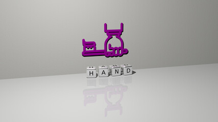 3D representation of hand with icon on the wall and text arranged by metallic cubic letters on a mirror floor for concept meaning and slideshow presentation. illustration and background