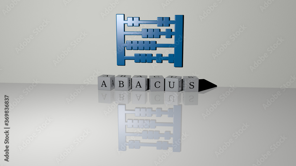Poster 3d illustration of abacus graphics and text made by metallic dice letters for the related meanings o