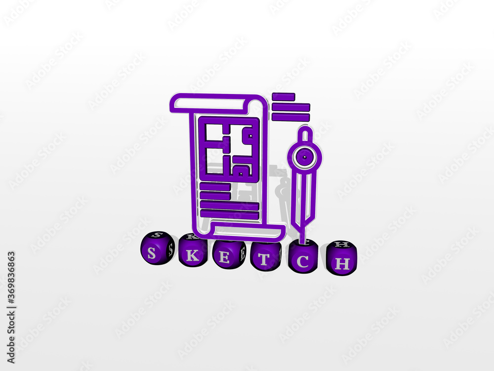 Poster 3d representation of sketch with icon on the wall and text arranged by metallic cubic letters on a m
