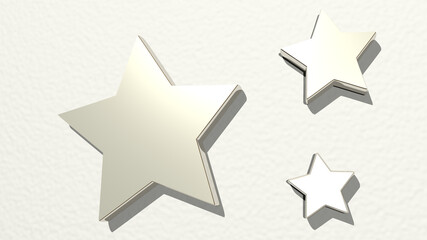 STARS on the wall. 3D illustration of metallic sculpture over a white background with mild texture. abstract and blue