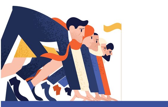 Man and woman at business race vector flat illustration. Office workers or clerks standing at starting position ready to sprint run isolated. Rivalry between colleagues. Professional competition