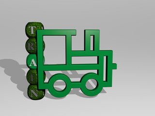 3D representation of train with icon on the wall and text arranged by metallic cubic letters on a mirror floor for concept meaning and slideshow presentation. station and editorial