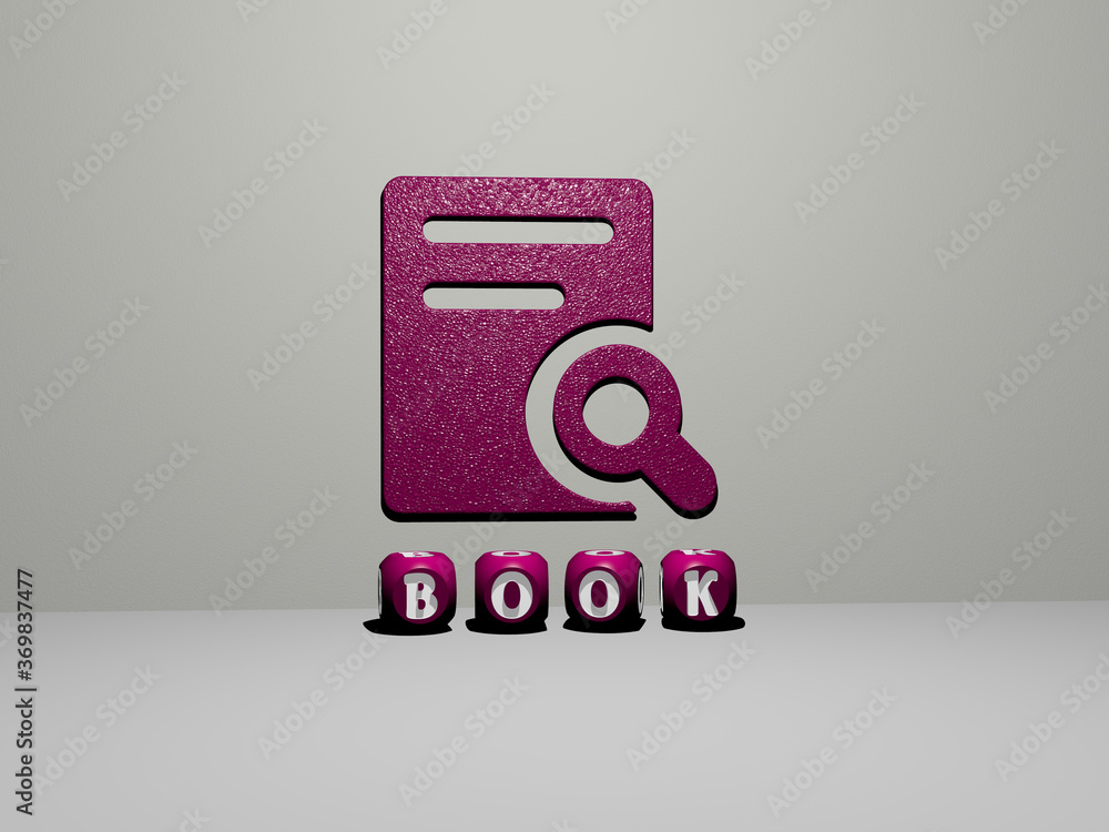 Poster 3d illustration of book graphics and text made by metallic dice letters for the related meanings of 