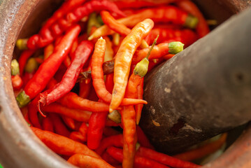 
Red pepper fruit in a mortar before cooking