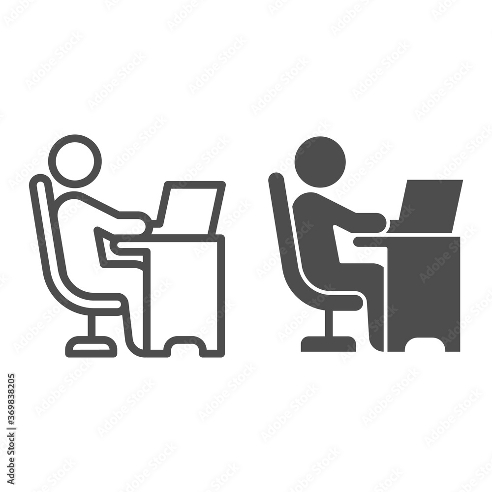 Poster man in chair at table with laptop line and solid icon, coworking concept, freelancer working on lapt