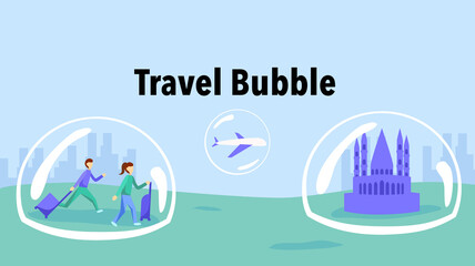 Travel bubble policy, travel corridors or corona corridors.Passengers, airplane and the destination in bubbles. New normal, reopening after COVID-19. Vector illustration, flat design