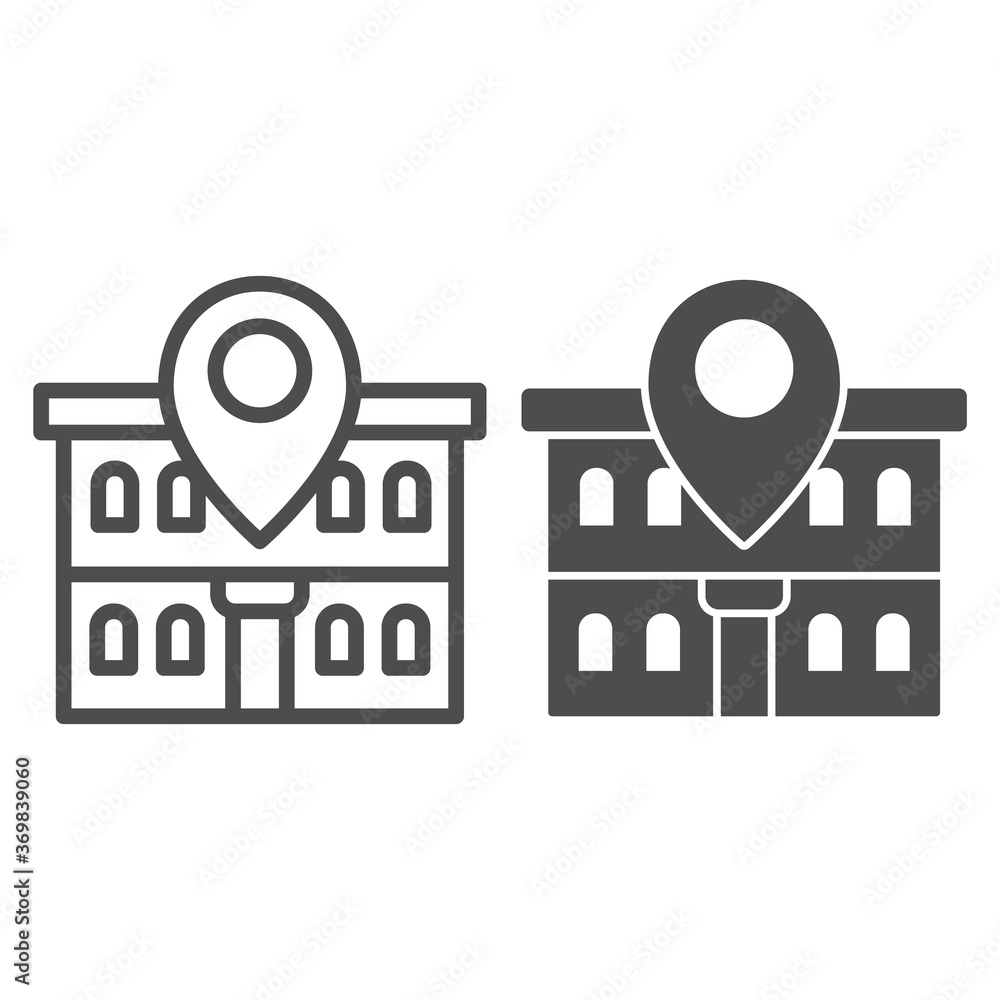 Poster office building and map pin line and solid icon, coworking concept, building on map sign on white ba