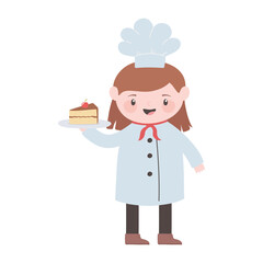 chef girl with slice cake in dish cartoon character isolated icon design