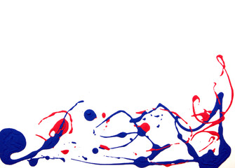 Handmade, hand drawn painting. Acrylic blue and red colors pouring abstract on canvas painting. Flat lay, overlay, artwork, background, display. Copy space. Modern, contemporary. Original art.