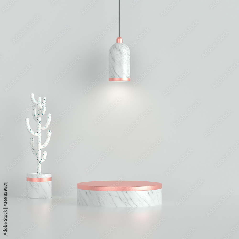 Poster clean white marble podium with chrome light and cactus on white background. abstract minimal scene w
