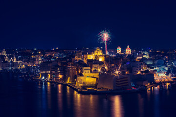 Fototapeta na wymiar Fireworks in Valletta, Night life and cityscape in Valletta