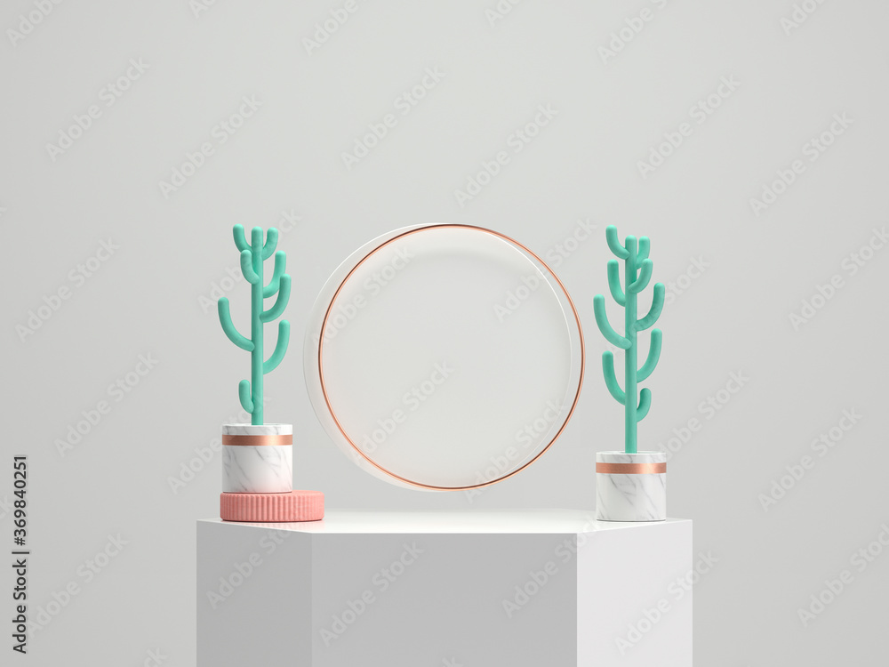 Aufkleber clean white pedestal with cactus on circular background. abstract minimal scene with geometric for p