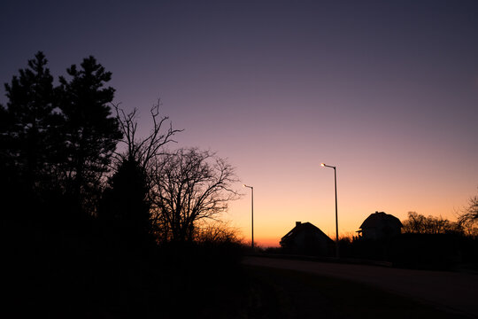 silhouette of houses at sunset on Bence Hill in Velence
