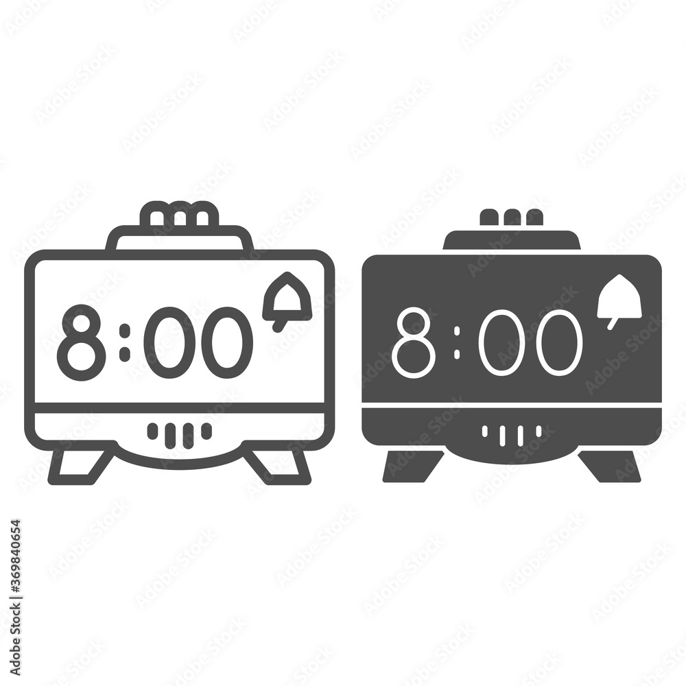 Poster digital alarm clock line and solid icon, coworking concept, retro electronic clock sign on white bac