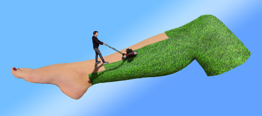 Man mowing grass from woman leg, Shaving the grassy leg, Summer body renovation