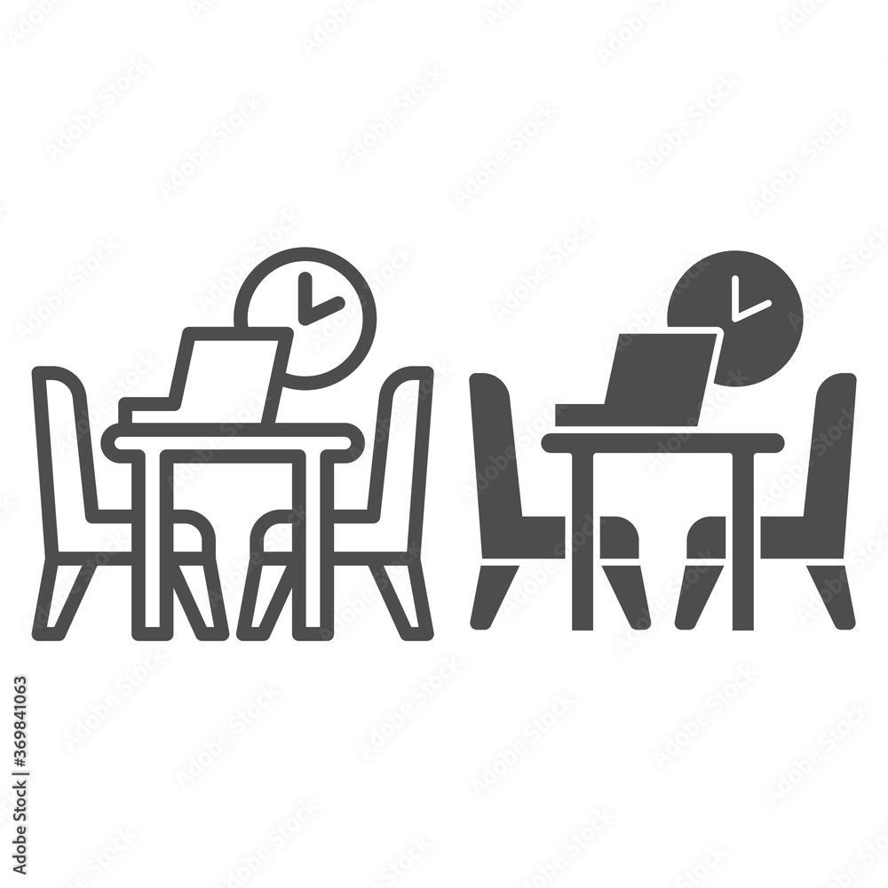 Poster table with laptop and chairs with clock line and solid icon, coworking concept, office workplace sig