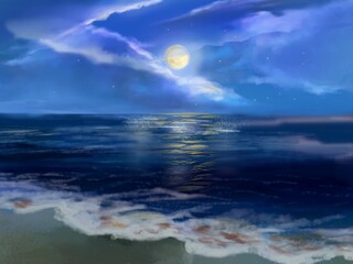 light of beautiful full moon reflected on calm ocean