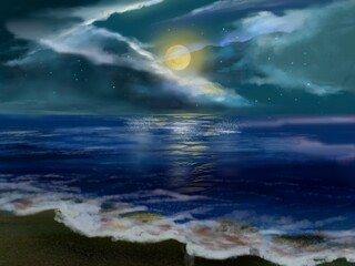 Fototapeta na wymiar light of beautiful full moon reflected on calm ocean